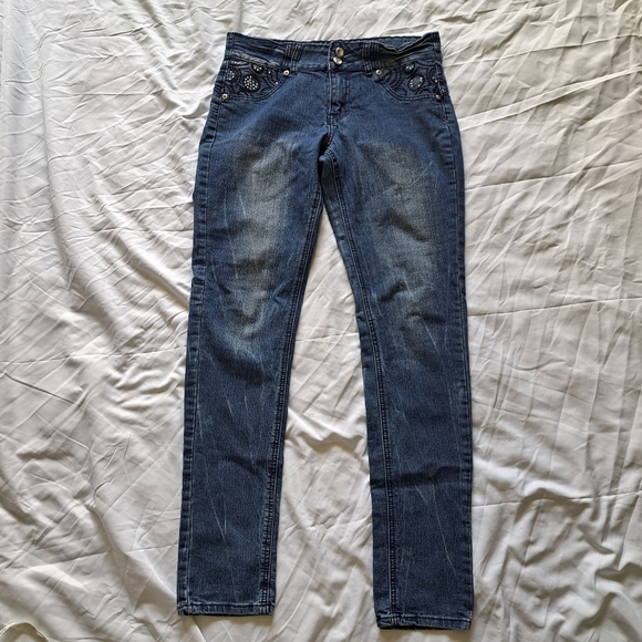 Mi Jeans | Blue embroidered jeans with jewel front buttons women's skinny Jean - Picture 2 of 12